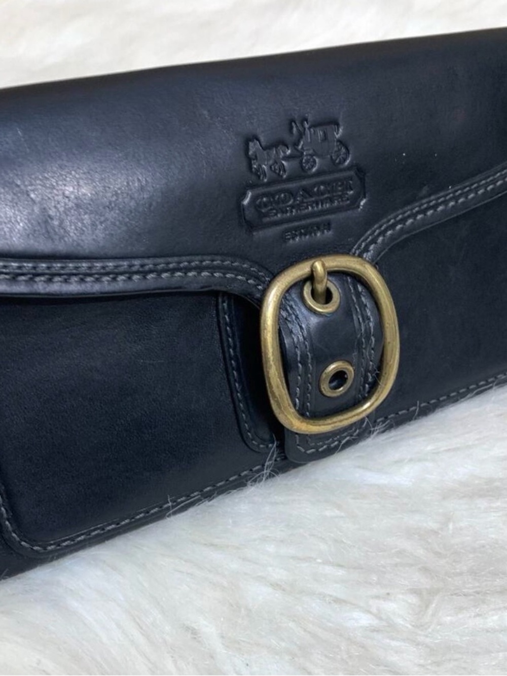 Coach Black Leather Flap Wallet with Brass Buckle